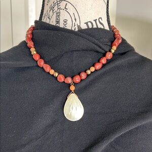 NWT Handmade Agate Peach Aventurine Beaded Necklace with Pearl Teardrop Pendant